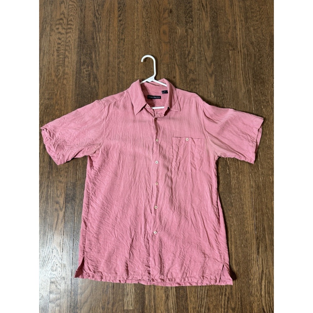 Barry Bricken Mens Medium Pink 100% Silk Herringbone Short Sleeve Button Down